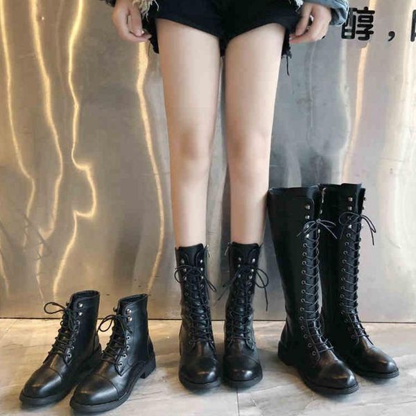 

boots women shoes 2021 autumn winter leather female short long booties british lace retro trend naked, Black