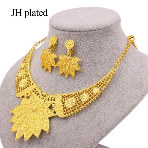 

earrings & necklace jewellery set gold color collares dubai wedding bridal gifts for women african party leaves jewelry sets, Silver