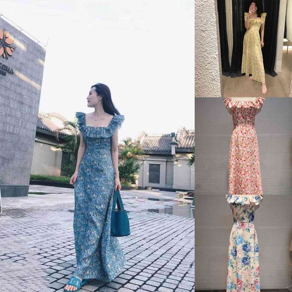 

runway dresses australia zim summer blue floral square neck ruffled romantic vacation high waist long dress(four colors) 740f, Black