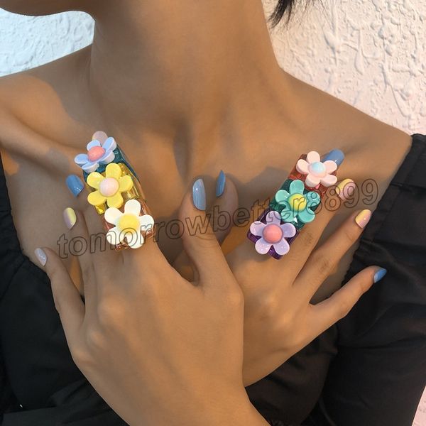 Anel de flor de flor de resina doce multicolor para mulheres bonitos transparentes transparentes grandes anéis de dedo por atacado Presente de acessórios de jóias