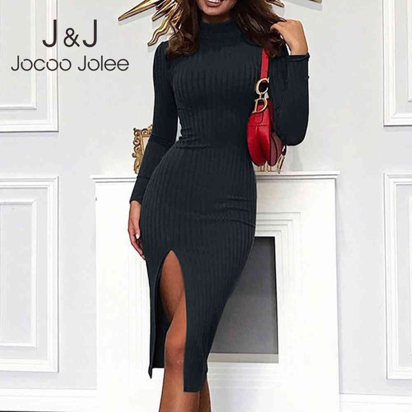 Jocoo Jolee Sexy Frauen Herbst Winter Rollkragen Gestrickte Lange Kleid Kausalen Langarm Rippen, Figurbetonte Kleider Casual Split Kleid 210518