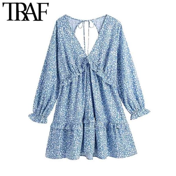 

traf women chic fashion animal print ruffle mini dress vintage backless bow tied side zipper female dresses vestidos 210730, Black;gray