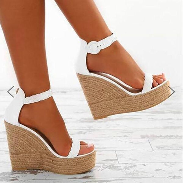 

sandals woman summer wedge platform ladies high heels shoes women fashion straw buckle open toe casual female footwear, Black