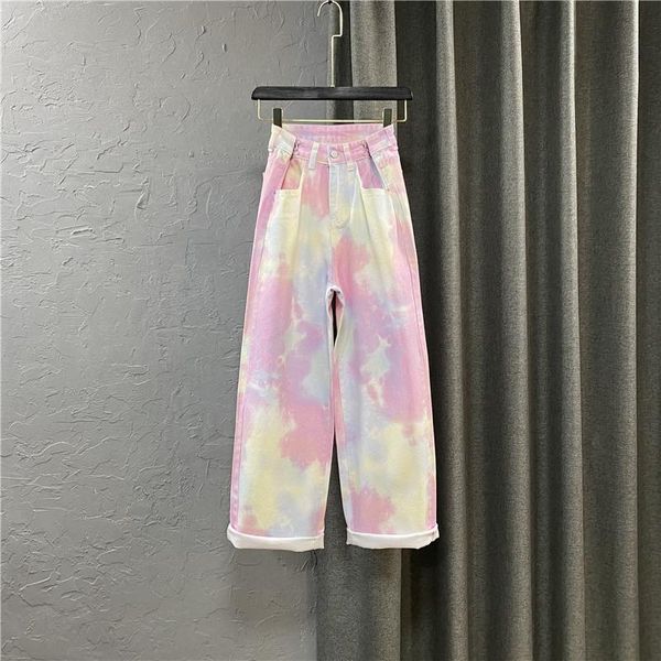 

pink tie dye wide leg pants women's jeans 2021 spring summer high waist loose gradient color denim woman jean trousers, Blue