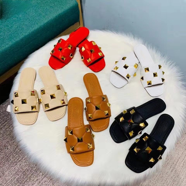 

letter designer sandals one-word slippers female summer 2021 rivet slipper women outer wear flat square head open toe, Black