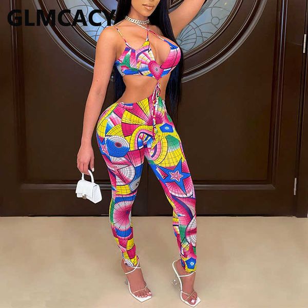 

two pieces pants sets women spaghetti strap printed & bodycon pants 210702, White