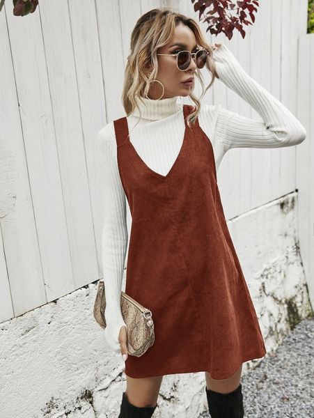 

corduroy solid overall dress without sweater 22nd#, Black;gray