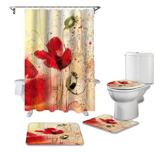 

rose flower watercolor vintage shower curtain set carpet cover toilet bath mat home decor bathroom curtains