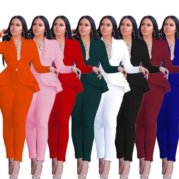 

women winter women's set tracksuit full sleeve ruffles blazers pants suit two piece office lady business wear work uniform1, White;black