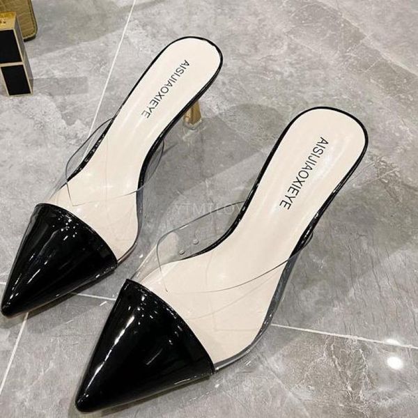 

pointed toe transparent high heels muller slippers women 2021 summer fashion patchwork zapatillas mujer casa, Black