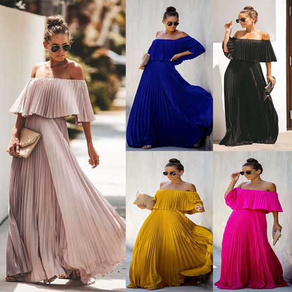 

spring and summer women's neck off shoulder folded chiffon dress, Black;gray