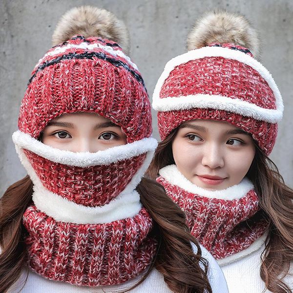 

beanies women winter knitted velvet thick bib mask ear protector skullies beanie hat riding caps female warm wool cap