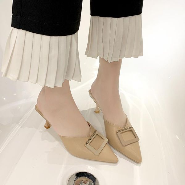 

slippers pu leather v mouth high heel women pointed toe mules shoes summer metal closed ladies 2021, Black