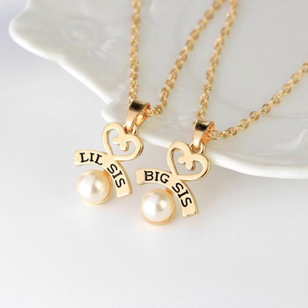 

pendant necklaces 2pcs/set heart big sis lil necklace for 2 handstamped bff couple chains family engraved girl sister gift, Silver