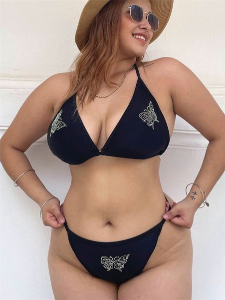 

plus rhinestone studded halter triangle bikini swimsuit s2u2#, Black