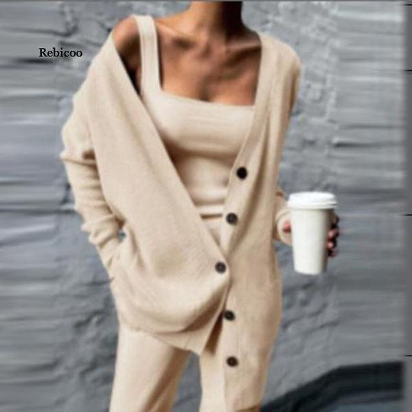 

women's two piece pants spring autumn women three set tank +long cardigan coat +long matching suit lady casual knitted outfit tracksuit, White