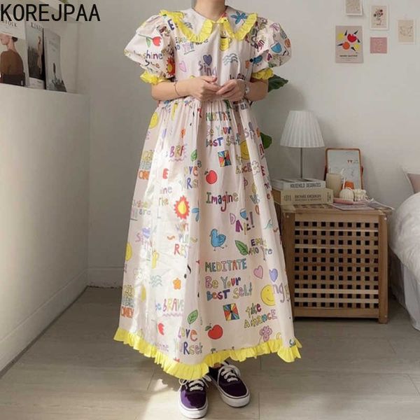 KOREJPAA Mulheres Vestem Verão Coréia Chic Boneca Boneca Colar Dos Desenhos Animados Impressão Loose Joker Bubble Sleeve Big Swing Vestido 210526