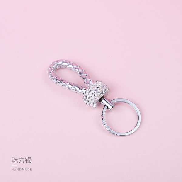 

keychains chaveiro de couro tranÃ§ado alta qualidade, com suporte cristal, saco genuÃ­no armazenamento, 1 peÃ§a espelho esp, Silver