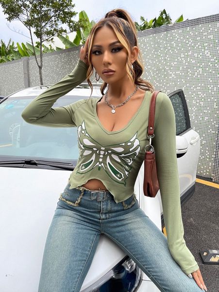 

butterfly print hanky hem tee 07wc#, White