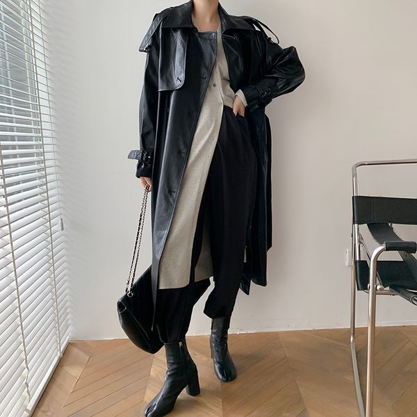 Coréia runway designer outono / outono couro maxi longo trench casaco com cinto chique feminino windbreaker clássico xxl