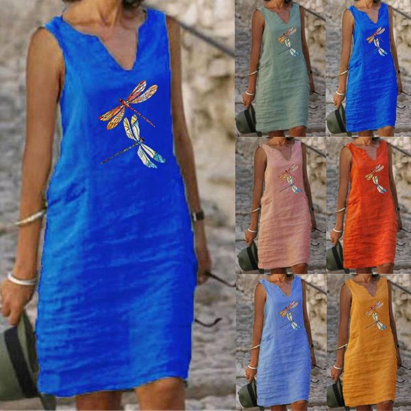 

casual plus size v neck women dresses map printing sleeveless vest linen knee length dress daily, Black;gray