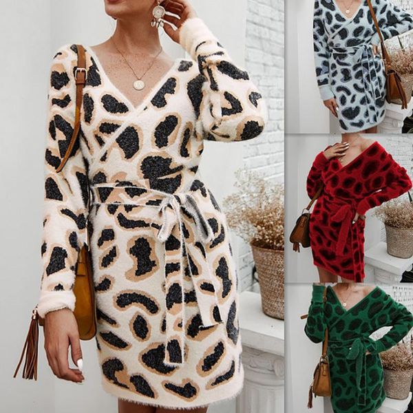 

casual dresses 2021 bandage elegant knitted woman one-piece korean leopard v neck slim office mini dress women winter knit lady, Black;gray