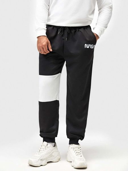

extended sizes men letter graphic contrast panel sweatpants b4hm#, Black