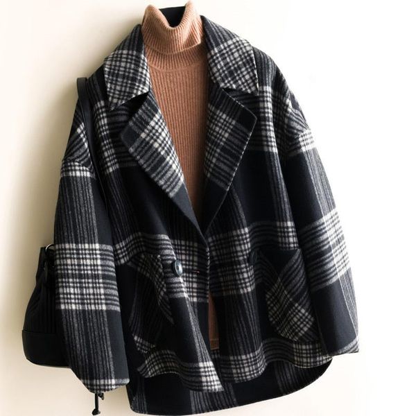 

women's wool & blends autumn winter loose casual mid long plaid double-sided coat women outerwear korean vintage black woolen jacket fe