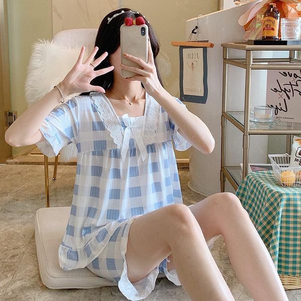 

summer pajamas short sleeve shorts milk silk cartoon square collar lace home dress set women's sleepwear, Black;red