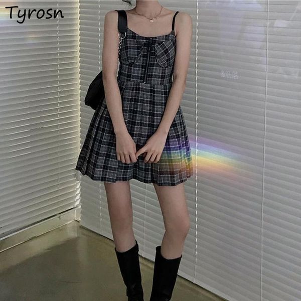 

casual dresses sleeveless dress women plaid mini design zipper harajuku temperament chic summer vestidos vintage party streetwear fashion in, Black;gray