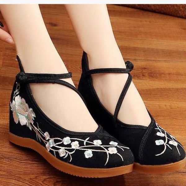 

sapatos pano de vero chins pequim moda fivelas bordadas cunhas, Black