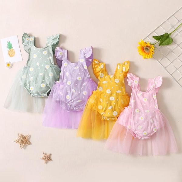 

rompers infant baby girls sleeve floral printed backless romper tulle bodysuit, Blue