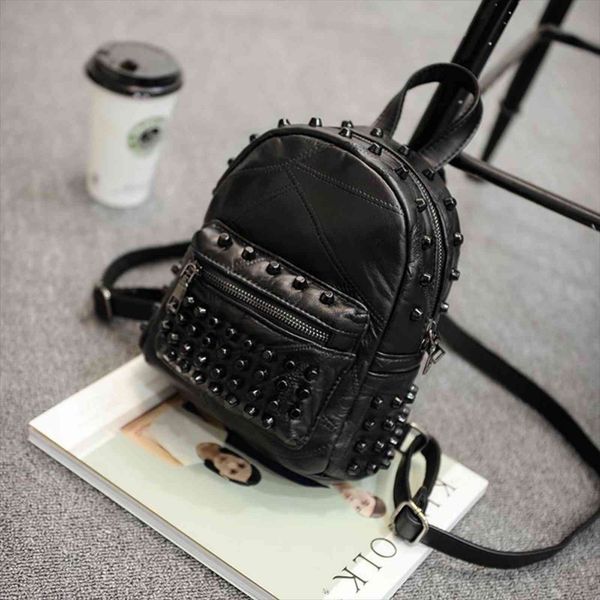 

women small genuine leather backpack rivet bagpack daily cute black for teenager girls schoolbag casual travel daypack