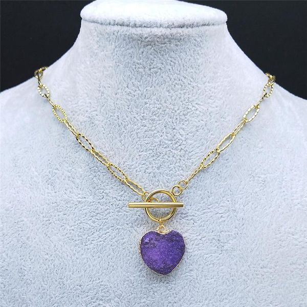 

pendant necklaces stainless steel purple natural stone choker women/men gold color chain jewelry collier coeur nd58s04, Silver