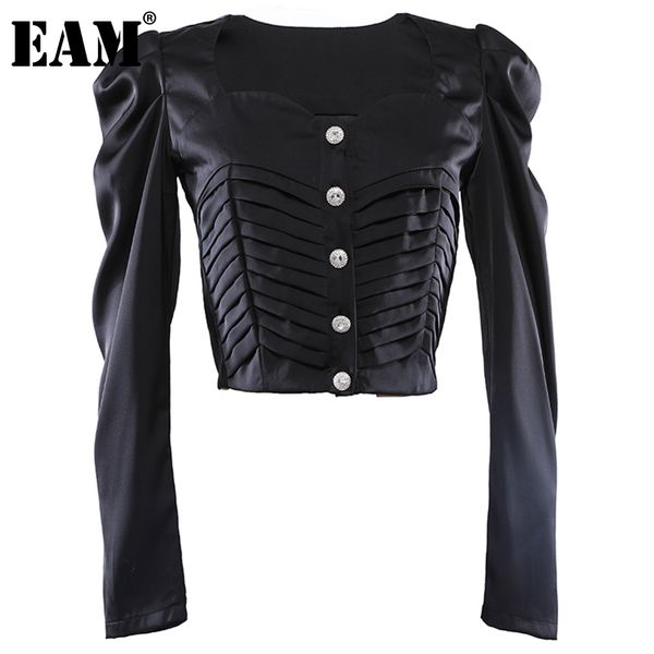 

[eam] women satin slim pleated buttons blouse square collar long sleeve loose fit shirt fashion spring autumn 1dd6415 21512, White