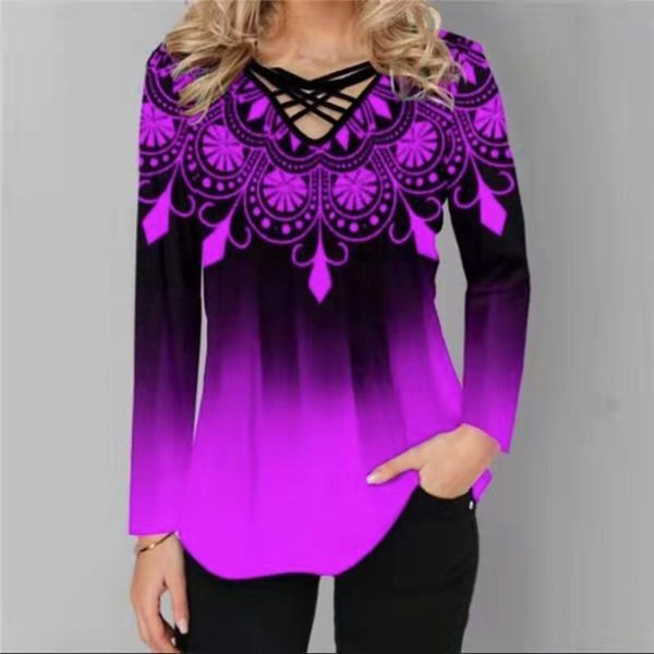 

women's t-shirt autumn women loose fashion womens digital print tee v-neck streetwear long sleeve casual retro ladies, White