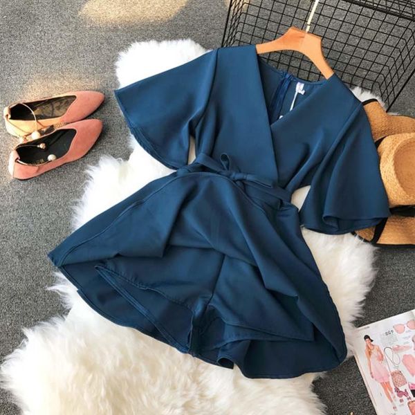 

women's v neck flare sleeve solid color playsuits lady's vintage spring summer wide leg shorts jumpsuits 2021 rompers &, Black;white
