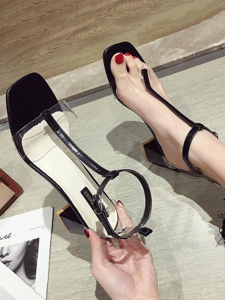 

women's shoes sandals 2021 summer transparent word buckle thick heel roman, Black