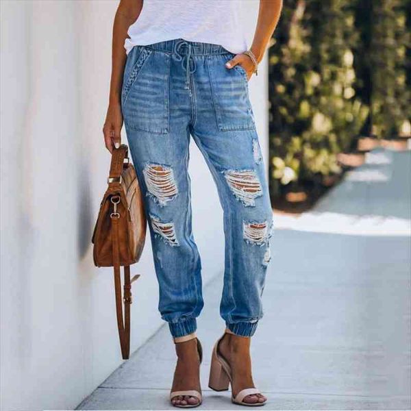 

vintage elastic waist drawstring womens jeans washed hole distressed mom spring and autumn y2k clothes ripped denim pants female, Blue