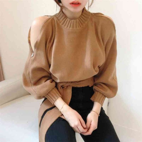 

korean chic all-match elegant zipper lace up waist slim short lantern sleeve sweaters knitted crop casual pullover 210514, White;black