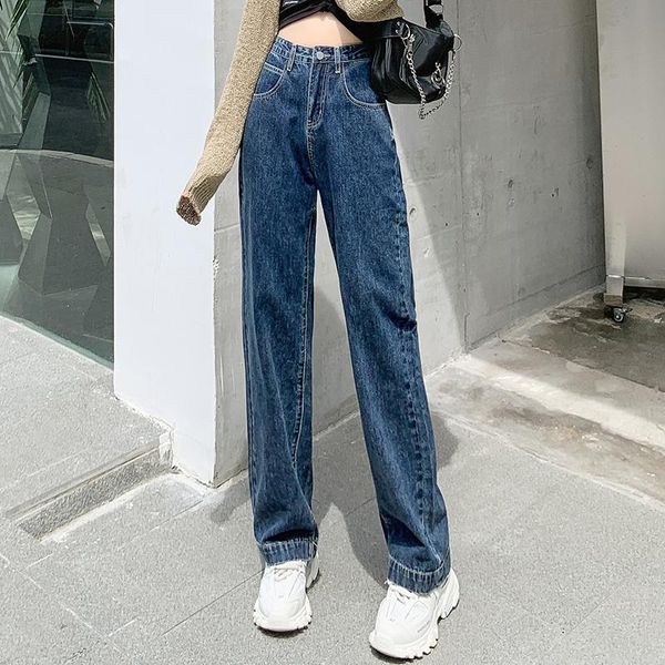 

women's jeans dark blue straight tube for women 2021 small autumn clothes embroidered high waist slimming loose wide leg daddy pants
