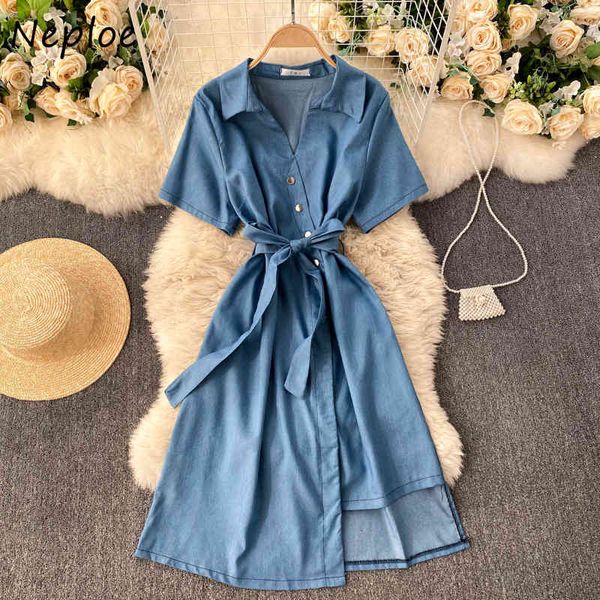 

neploe vintage denim causal ol dress women high waist hip sashes a line long vestidos turn down collar short sleeve button robe 210423, Black;gray