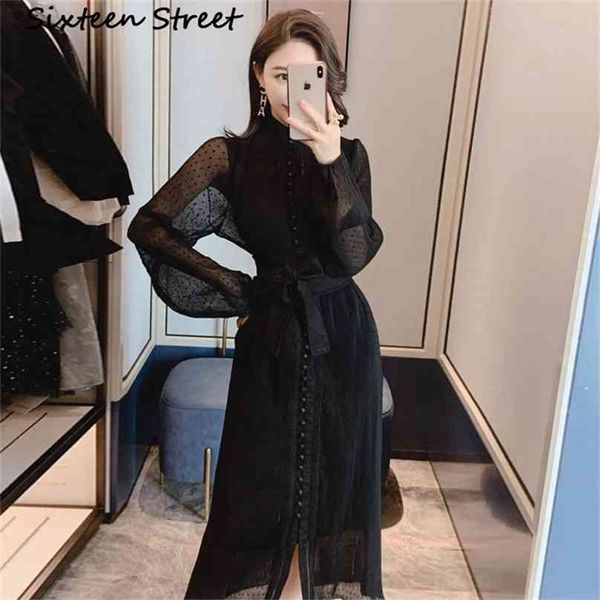 

arrive woman's dress single breasted black solid embroidery stand collar female with sashes lantern sleeve 210603, Black;gray