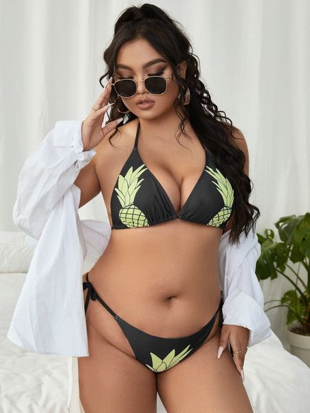 

plus pineapple print tie side bikini swimsuit w7os#, Black