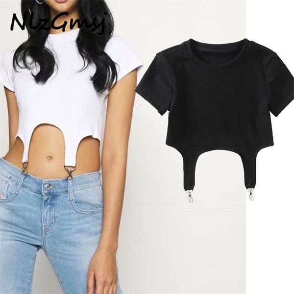 

t shirt women summer hook up cropped short sleeve t-shirts shorts casual t-shirt est femme 210628, White