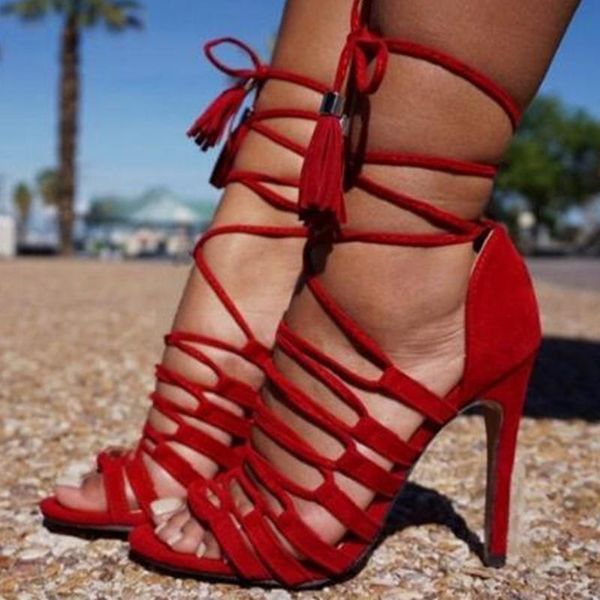 

sandals women cross-tied lace-up gladiator ankle open toe red suede thin high heel summer fashion, Black