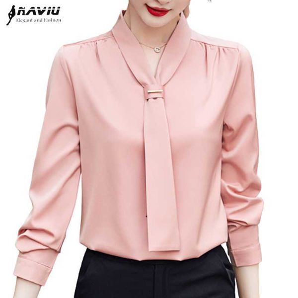 

spring and autumn chiffon shirt for women professional blouse long sleeved pink overalls 210604, White