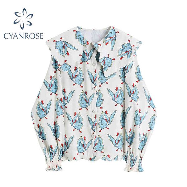 Vintage Animal Impressão Longa Manga Solta Mulheres Blusas Outono Elegante Coreano Gire para baixo Collar Casual Camisa Feminina Blusas Tops 210417