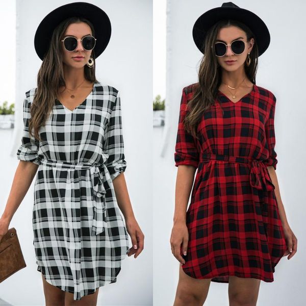 

casual dresses 2021 fall v-neck plaid shirt dress lace-up long sleeve fashion irregular mini vestidos, Black;gray