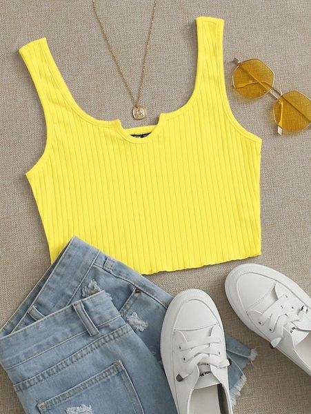 

neon yellow notched neck rib-knit crop tank o9e4#, White